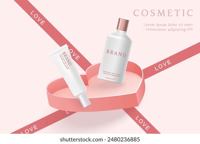 Cosmetic product ads template on pink background with heart shape gift box and ribbon.