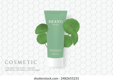 Cosmetic product ads template on white tile background with Centella Asiatica.