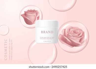 Producto cosmético agrega Plantilla sobre fondo rosa con rosa y burbuja.