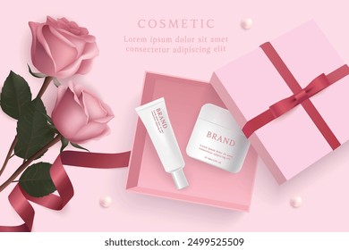 Cosmetic product ads template on pink background with gift box, ribbon and rose.