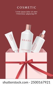 Cosmetic product ads template on red background with gift box and ribbon.