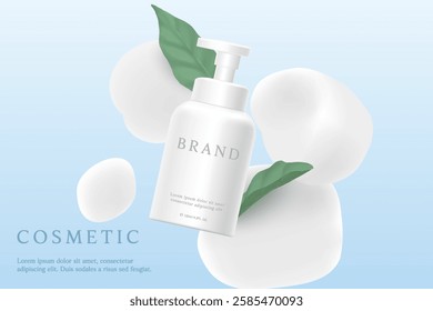 Cosmetic product ads template on blue background with foam and  leaves.