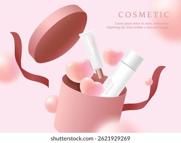 Cosmetische product advertenties template op roze achtergrond met geschenkdoos, lint en harten.