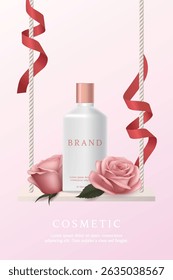 Cosmetic product ads template on pink background with swing , ribbon and rose.