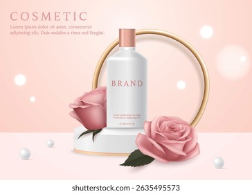 Modelo de anúncios de produtos cosméticos sobre fundo rosa com rosa e pérola.