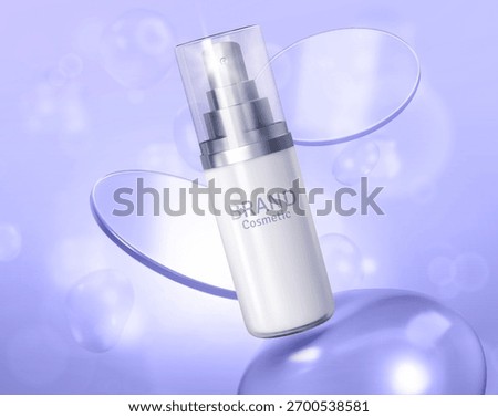 Cosmetic product ads template on purple background with glass plate.Beautiful cosmetic templates for ads, realistic 3d silver bottle on a light blue background. Beauty design for premium product