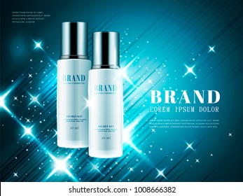 Cosmetic product ads, white bottle with silver cap isolated on shiny blue background in 3d illustration