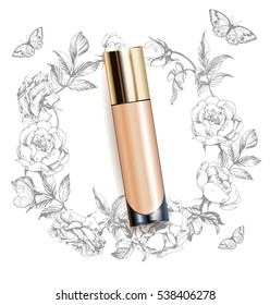 Cosmetic product. Beige realistic tube mock-up for cream dispenser, lotion, gel, medicine cream, tone cream, ointment, concealer, salve. Cosmetic vial. Flowers rose background.Template Vector.