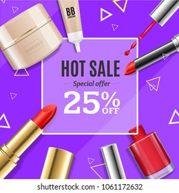 Cosmetic Product Big Sale Banner Banner Card or Poster Include of Creme, Lipstick and Nail Polish. Vector illustration