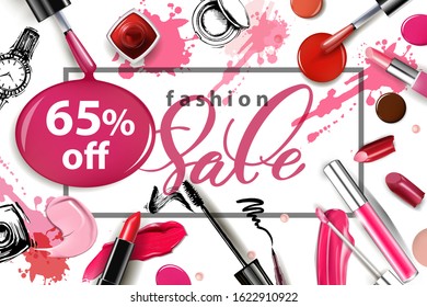 Cosmetic Product Big Sale Banner Banner Card or Poster Include of smears of lipstick, a drop of nail Polish, mascara, Red Lipstick and Nail Polish. Vector illustration