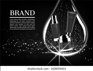 Cosmetic product in big water drop with small light on dark background