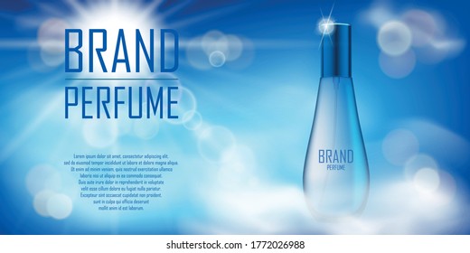Cosmetic product bottle ad design. Realistic perfume container in cloudy sky background for your brand. Transparent perfume bottle template. Vector 3d illustration
