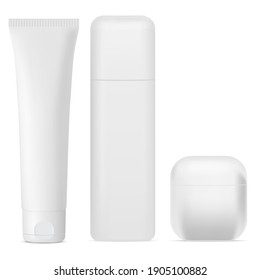 Cosmetic product bottle. Cream jar, tube white vector blank. Beauty package 3d illustration plastic pack mockup. Face care and body moisturizer template. Sample design set for your brand