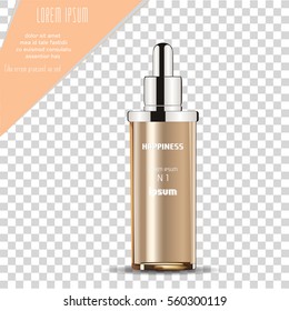 Cosmetic Product Bottle. Gold Cosmetic Package Design with Moisturizer Cream or Liquid. Vector Illustration.