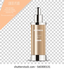 Cosmetic Product Bottle. Gold Cosmetic Package Design with Moisturizer Cream or Liquid. Vector Illustration.