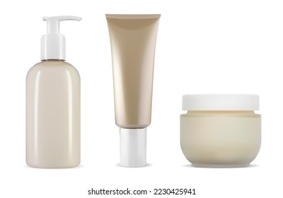 Cosmetic product bottle mockup. Cream tube blank, face care product. Dispenser cap bottle for liquid shampoo,hygiene collection. Glass cream jar, gel conditioner isolated on white background