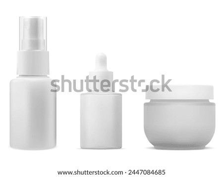 Cosmetic product bottle set mockup. Serum dropper, cream jar, small spray package. Essential oil container. Airless spray bottle for face essence. Blush powder round box, vector template