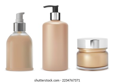 Cosmetic product bottle set. Shampoo or lotion plastic dispenser bottle realistic vector design, bath hygiene collection. Face cream jar, beauty care pack. Glass conditioner flask for label