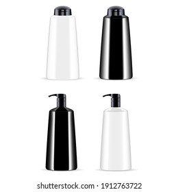 Cosmetic product bottle. Shampoo, lotion container vector blank. Realistic plastic bottles set with pump dispenser for liquid gel, luxury hair brand. Soap dispenser or body oil packaging