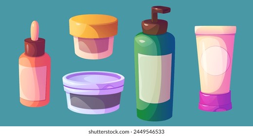 Cosmetic product bottles set isolated on background. Vector cartoon illustration of plastic jar, tube, dispenser and pipette bottle, body skin care cream, lotion, face scrub, mask, hair shampoo