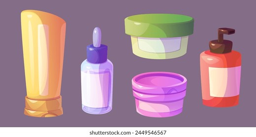 Cosmetic product bottles set isolated on background. Vector cartoon illustration of plastic jar, tube, dispenser and pipette bottle, body skin care cream, lotion, face scrub, mask, hair shampoo