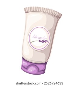 Cosmetic product cartoon tube with Lavender text on label. Plastic package of body lotion, shampoo or conditioner for skin and hair care. Beauty mascot, cartoon cosmetics box vector illustration