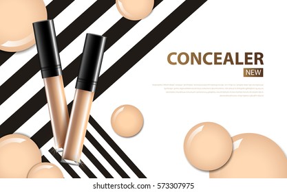 cosmetic product concealer poster, bottle package design with moisturizer cream or liquid, sparkling background with glitter polka, vector design.