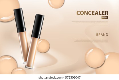 cosmetic product concealer poster, bottle package design with moisturizer cream or liquid, sparkling background with glitter polka, vector design.