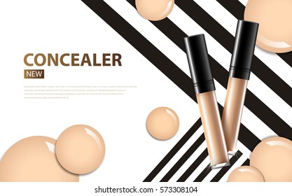 cosmetic product concealer poster, bottle package design with moisturizer cream or liquid, sparkling background with glitter polka, vector design.