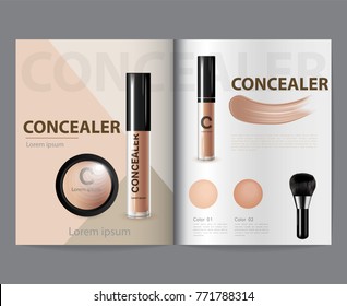 cosmetic product concealer poster, bottle package design with moisturizer cream or liquid, sparkling background with glitter polka, vector design.