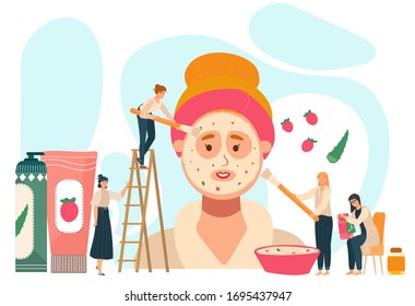 Cosmetic product concept, tiny people applying facial mask on giant woman face, vector illustration. Skin care cream from natural ingredients, organic cosmetology treatment. Face beauty skincare salon