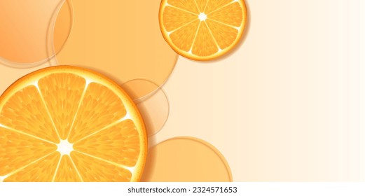 Cosmetic product display background with orange glass or vitamin C  and orange fruit in top view. design of circular glass disks for packaging presentation. vector design.