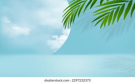 Cosmetic product display podium with Clouds,Blue sky with Coconut Palm leaves onBlue wall Background.Vector Empty Studio Room with Tropical leaf,Web design Presentation for Skincare on Spring, Summer