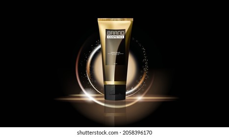 Cosmetic product with Elegant Glowing Circle . Mockup 3D illustration . Realistic vector illustration . 