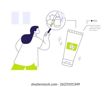 Ilustración vectorial de concepto abstracto de formulación de productos cosméticos. Trabajador de laboratorio que formula productos de belleza, fabricación y desarrollo de cosméticos, metáfora abstracta de investigación de ingredientes.