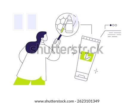 Cosmetic product formulation abstract concept vector illustration. Lab worker formulating beauty product, cosmetics manufacturing and development, ingredients research abstract metaphor.