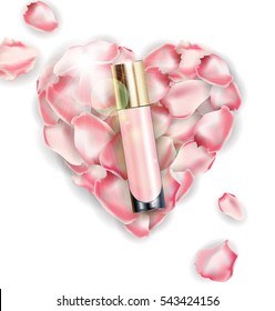 Cosmetic product, Foundation, concealer, cream. on the background of heart of pink rose petals. Beauty and cosmetics background. Use for advertising flyer, banner, leaflet.Template Vector.