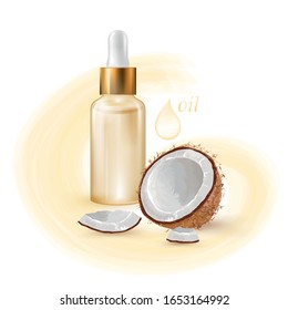 Cosmetic product. Glass bottle for drops and liquid and oils. Beautiful packaging and advertising of a cosmetology product. Coconut. Face & Body Oil