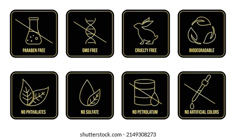 cosmetic product icon set paraben-free, gmo-free, cruelty-free, biodegradable, no phthalate, no sulfate, no petrolatum, no artificial colors vector illustration 