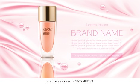 Cosmetic product illustration with pink colored silk background. 