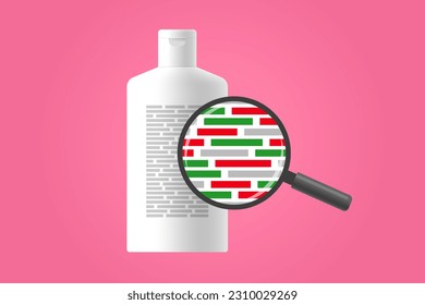 Cosmetic product with ingredient information and magnifying glass, reviewing good and bad ingredients in composition of skincare or body care product, beauty and health concept