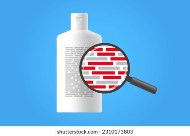 Cosmetic product with ingredient information and magnifying glass, reviewing bad harmful ingredients in composition of skincare or body care product, beauty and health concept