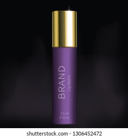 Cosmetic product for lip skin care realistic vector. Purple plastic tube or stick with golden cap and hygienic lipstick or balm inside, isolated on black background. Brand design for premium cosmetics