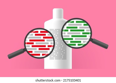 Cosmetic product and magnifiers zooming ingredients information, over colored background. Concept of ingredients reviewing, good and bad ingredients in formula of skin care or body care product