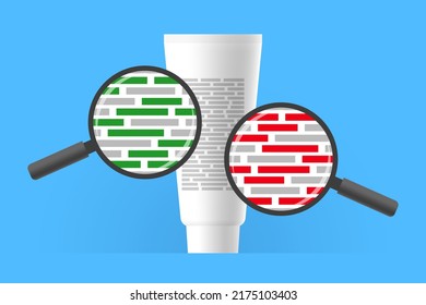 Cosmetic product and magnifiers zooming ingredients information, over colored background. Concept of ingredients reviewing, good and bad ingredients in formula of skin care or body care product