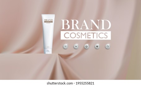 cosmetic product mock up on podium cream color with silk background, Cosmetic packaging mockup design. vector illustration.