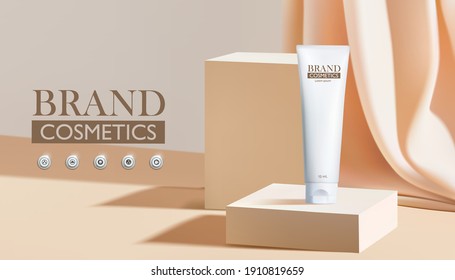 cosmetic product mock up on square podium cream color with silk background, cosmetics product as luxury beauty brand design.Realistic vector illustration .