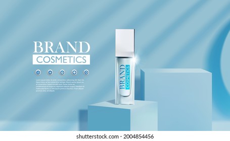 cosmetic product mock up on square podium blue , cosmetics product as luxury beauty brand design.Realistic vector illustration .
