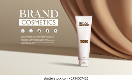 Cosmetic product on Brown silk fabric folded background, realistic vector. Cosmetic product ad, luxury skin care ad.