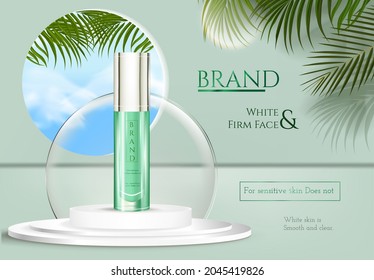 Cosmetic Product On Pedestal. Realistic Banner With 3D Podium For Skin Care. Luxury Cream, Lotion And Beauty Spray. Advertising Store Poster With Place For Text And Logo. Vector Brand Identity Mockup